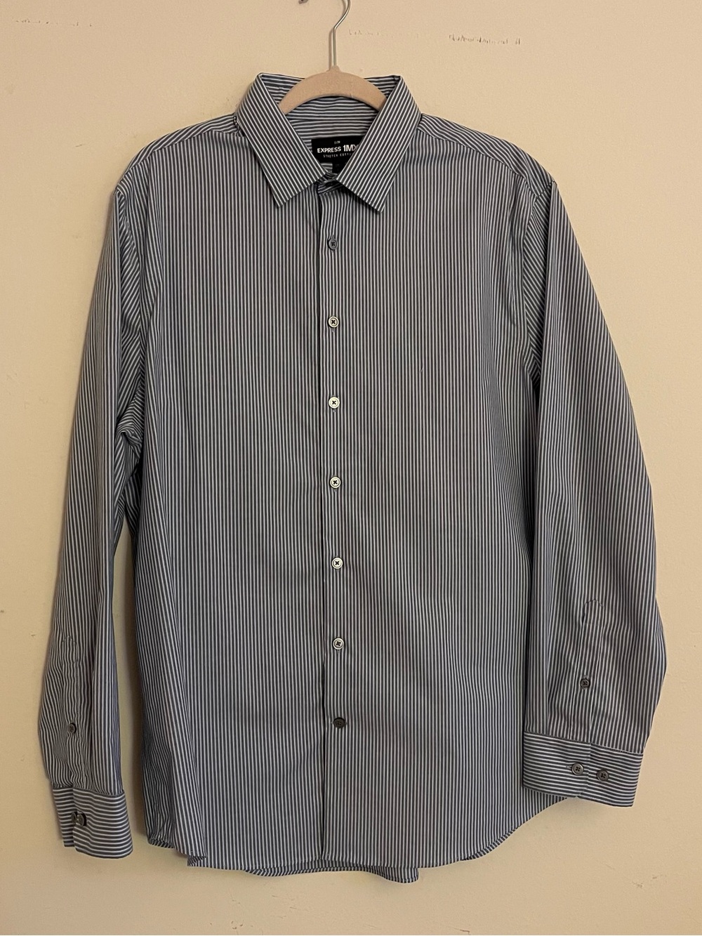 Express Men's Navy and White Pinstripe Dress Shirt
